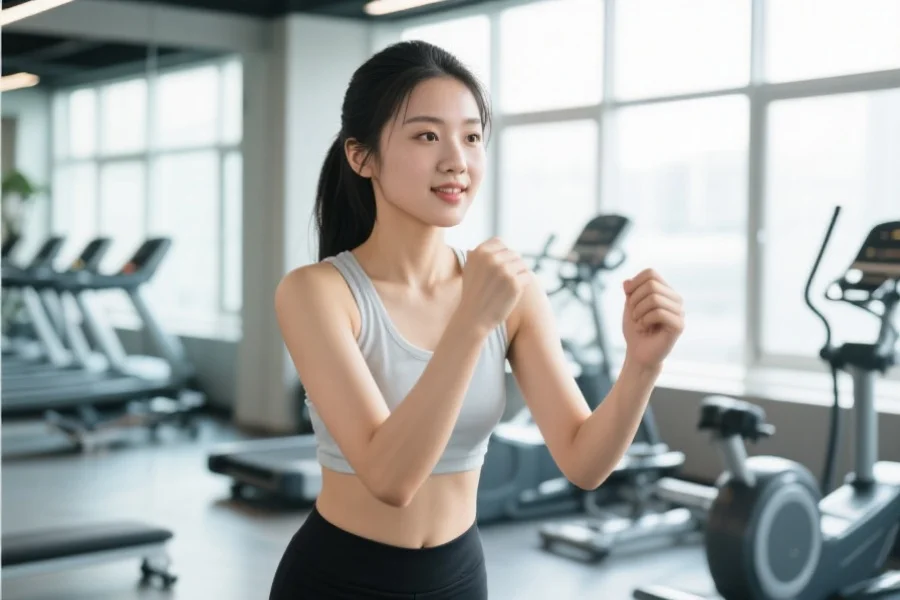 年轻女性在健身房积极锻炼，背景中有明亮的窗户和健康器材，展现生活品质的提升